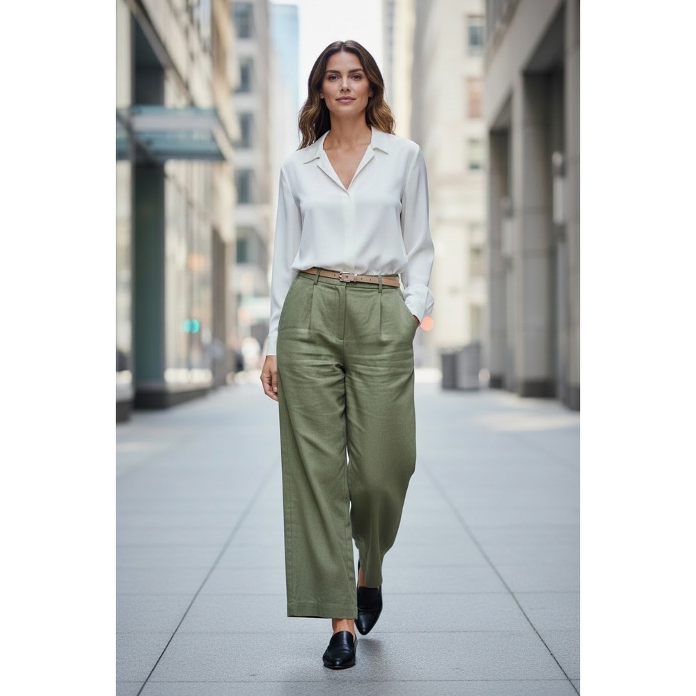Commense Olive Green Linen Cotton Wide Leg Pleated Trousers Womens Size M EUC